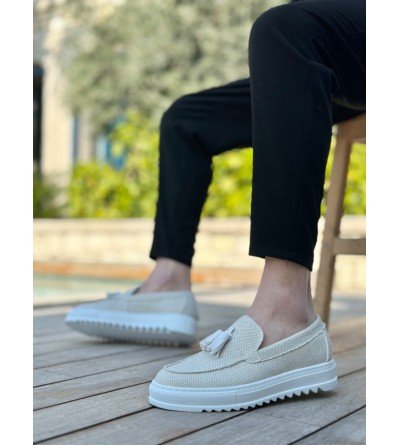 BA0154 Bağcıksız Yüksek Taban Beyaz Keten Püsküllü Erkek Ayakkabı BA0154 Bağcıksız Yüksek Taban Beyaz Keten Püsküllü Erkek Ayakkabı
