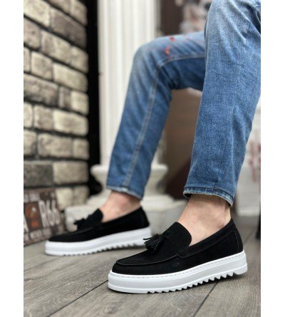 BA0154 Bağcıksız Yüksek Taban Süet Siyah Renk Beyaz Taban Püsküllü Erkek Ayakkabı BA0154 Bağcıksız Yüksek Taban Süet Siyah Renk Beyaz Taban Püsküllü Erkek Ayakkabı
