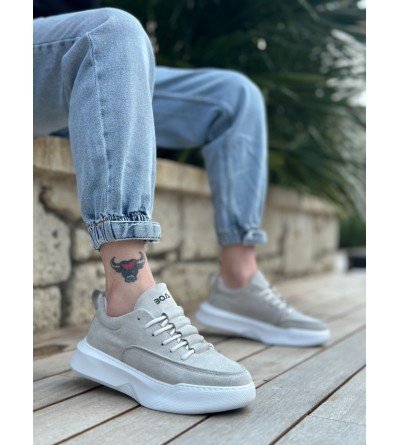 BA0332 Merdiven Desen Bağcıklı Erkek Yüksek Taban Gri Süet Beyaz Taban Spor Ayakkabı BA0332 Merdiven Desen Bağcıklı Erkek Yüksek Taban Gri Süet Beyaz Taban Spor Ayakkabı