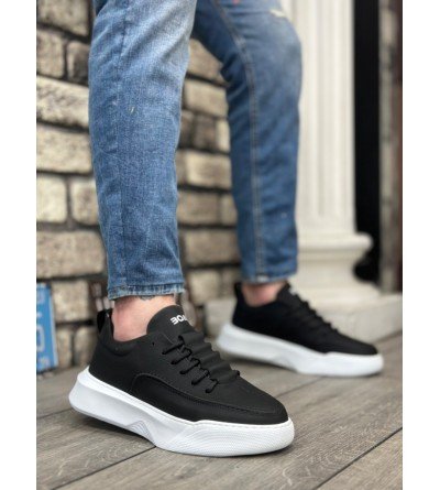 BA0332 Merdiven Desen Bağcıklı Erkek Yüksek Taban Siyah Cilt Beyaz Taban Spor Ayakkabı BA0332 Merdiven Desen Bağcıklı Erkek Yüksek Taban Siyah Cilt Beyaz Taban Spor Ayakkabı