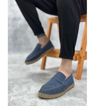 BA0359 BOA Doğal Deri Tozu Bağcıksız Kauçuk El Yapımı Espadril Taban Mavi Renk Erkek Ayakkabı BA0359 BOA Doğal Deri Tozu Bağcıksız Kauçuk El Yapımı Espadril Taban Mavi Renk Erkek Ayakkabı