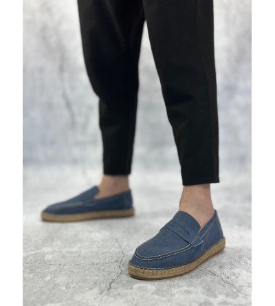 BA0359 BOA Doğal Deri Tozu Bağcıksız Kauçuk El Yapımı Espadril Taban Mavi Renk Erkek Ayakkabı BA0359 BOA Doğal Deri Tozu Bağcıksız Kauçuk El Yapımı Espadril Taban Mavi Renk Erkek Ayakkabı