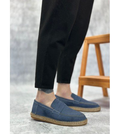 BA0359 BOA Doğal Deri Tozu Bağcıksız Kauçuk El Yapımı Espadril Taban Mavi Renk Erkek Ayakkabı BA0359 BOA Doğal Deri Tozu Bağcıksız Kauçuk El Yapımı Espadril Taban Mavi Renk Erkek Ayakkabı