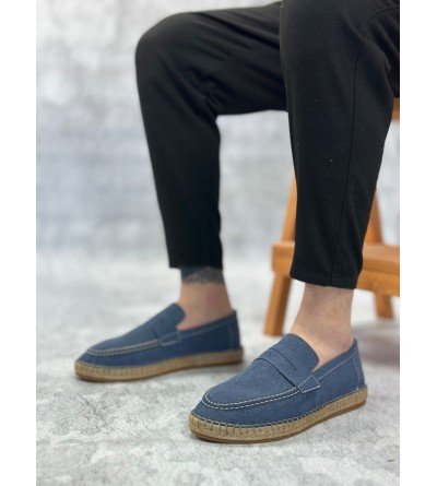 BA0359 BOA Doğal Deri Tozu Bağcıksız Kauçuk El Yapımı Espadril Taban Mavi Renk Erkek Ayakkabı BA0359 BOA Doğal Deri Tozu Bağcıksız Kauçuk El Yapımı Espadril Taban Mavi Renk Erkek Ayakkabı