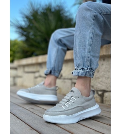 BA0332 Merdiven Desen Bağcıklı Erkek Yüksek Taban Gri Süet Beyaz Taban Spor Ayakkabı BA0332 Merdiven Desen Bağcıklı Erkek Yüksek Taban Gri Süet Beyaz Taban Spor Ayakkabı