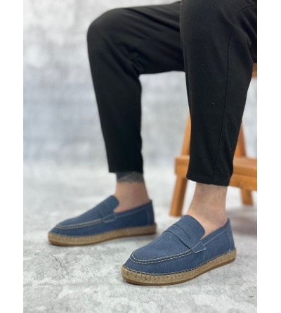 BA0359 BOA Doğal Deri Tozu Bağcıksız Kauçuk El Yapımı Espadril Taban Mavi Renk Erkek Ayakkabı